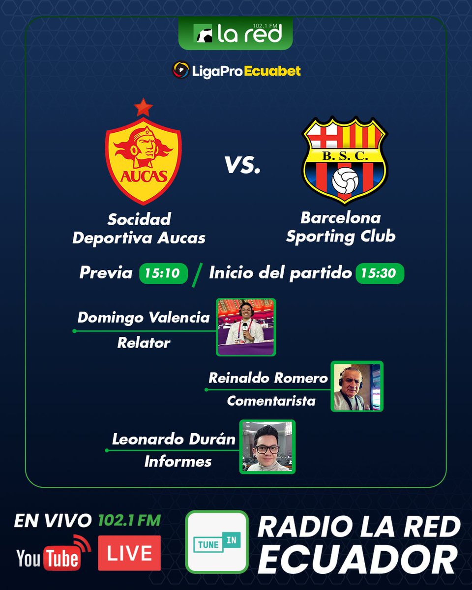 🔥¡NO SE PIERDAN UNA JORNADA A PURA EMOCIÓN!🔥

Los azulgranas buscan volver con un buen resultado de Guayaquil.

A segundo turno, choque de ídolos en el Gonzalo Pozo

Junto a @juan_laso7 <a href="/marcoffuentes/">Marco Fuentes</a> <a href="/domingovalencia/">Domingo Valencia Laso</a> <a href="/reijournalist/">Reinaldo Romero</a> <a href="/leonduranm/">Leo Durán</a> 

#LaRadioQueSiempreEstá