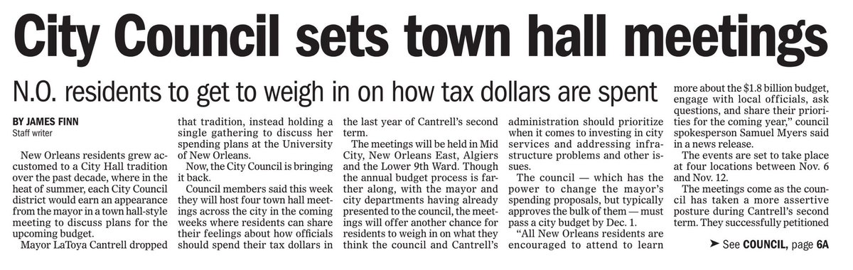 Budget Town Halls start next week! Link to meeting schedule here: council.nola.gov/meetings/