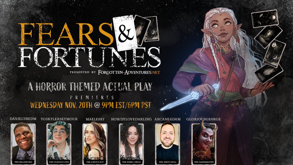 We're starting a dnd campaign! 

Fears &amp; Fortunes is a DND actual play campaign that we're thrilled to announce will be airing on our brand new twitch account, starting November 20th at 9pm ET/6pm PT on our YouTube and our new Twitch channel: twitch.tv/ForgottenAdven…