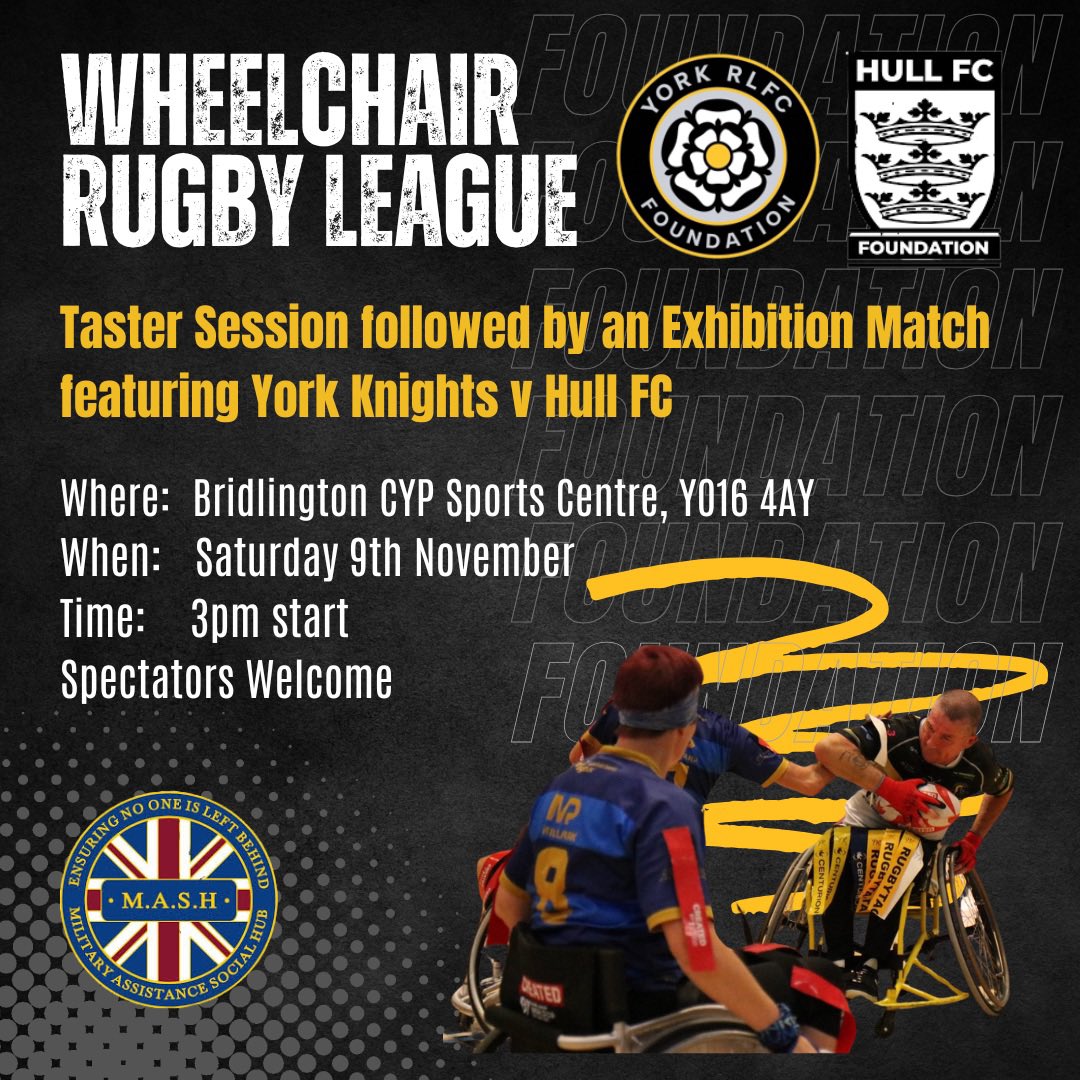 York RLFC Foundation (@yorkrlfcfound) on Twitter photo 𝗪𝗵𝗲𝗲𝗹𝗰𝗵𝗮𝗶𝗿 𝗥𝘂𝗴𝗯𝘆 𝗟𝗲𝗮𝗴𝘂𝗲
In Partnership with <a href="/MASHhub_UK/">MASH</a> taking Wheelchair Rugby League to Bridlington
Taster Session followed by <a href="/yorkrlfcfound/">York RLFC Foundation</a> v <a href="/FCComFoundation/">Hull FC Foundation</a>
📍 Bridlington CYP YO16 4AY
⏰ 3pm start
🎟️ FREE to attend
#WeAreYork | #RiseUp ⚔️ 𝗪𝗵𝗲𝗲𝗹𝗰𝗵𝗮𝗶𝗿 𝗥𝘂𝗴𝗯𝘆 𝗟𝗲𝗮𝗴𝘂𝗲
In Partnership with <a href="/MASHhub_UK/">MASH</a> taking Wheelchair Rugby League to Bridlington
Taster Session followed by <a href="/yorkrlfcfound/">York RLFC Foundation</a> v <a href="/FCComFoundation/">Hull FC Foundation</a>
📍 Bridlington CYP YO16 4AY
⏰ 3pm start
🎟️ FREE to attend
#WeAreYork | #RiseUp ⚔️