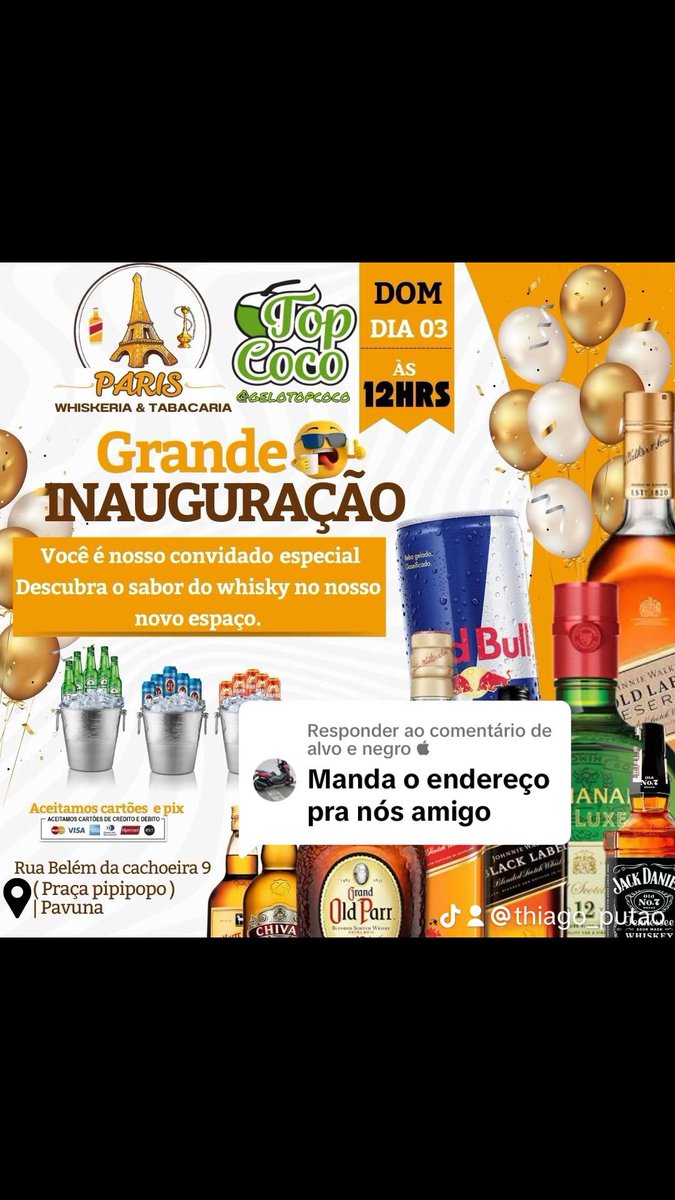 🥳DOMINGO É A GRANDE INAUGURAÇÃO🥳
PARIS | WHISKERIA &amp; TABACARIA 🥃🚬✅️
DIA 03 - Às 12hrs ⌚️

Você é o nosso convidado especial 💙

TODOS NOSSOS WHISKY ORIGINAIS 🥃🧊

WHISKY
CERVEJA
NARGILE

Rua Belém da cachoeira 9 ( Praça do pipipopo )
Pavuna 📍
