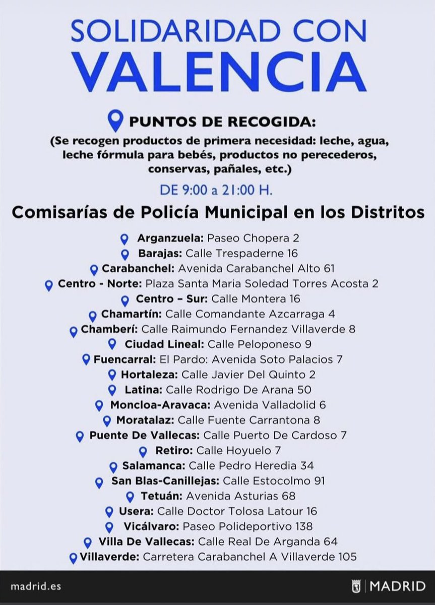 MADRID📍📍📍📍PUNTOS DE RECOGIDA DE MATERIAL PARA LAS ZONAS AFECTADAS POR LA DANA