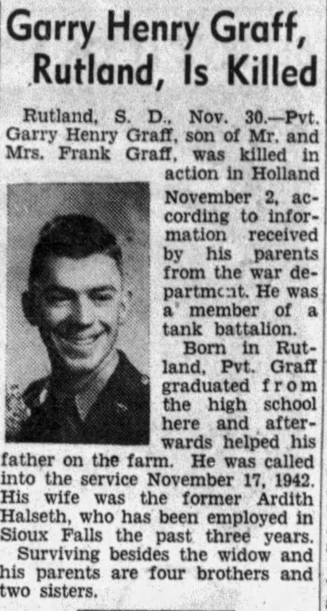 WW2Researcher's tweet image. Private Garry H. Graff, of Rutland, South Dakota, and the 40th Tank Battalion, was killed in action near Meijel, Holland, on November 2, 1944, 80 years ago today. @WW2Researcher #40thTankBattalion #7thArmoredDivision @sodakhistory