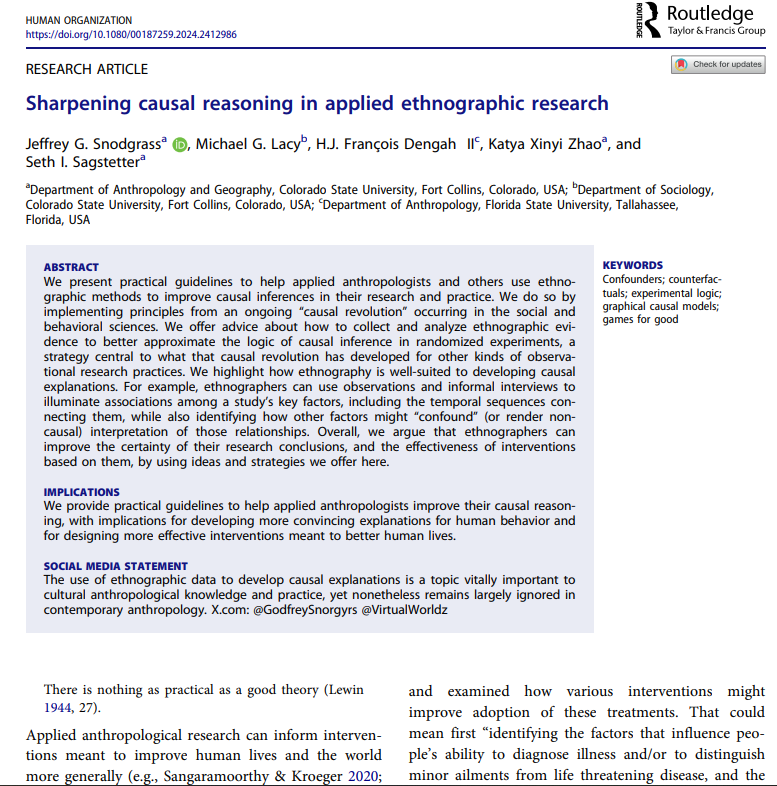 My team's latest, 
"Sharpening causal reasoning in applied ethnographic research" <a href="/SfAAnthro/">Society for Applied Anthro</a> #causality
tandfonline.com/doi/full/10.10…