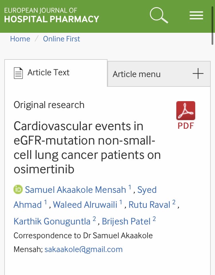 Samuel Akaakole Mensah (@akaakole_samuel) on Twitter photo Excited to share our publication on cardiotoxicity in NSCLC patients on osimertinib! Study shows 19.9% developed cardiac events & HTN as major risk factor - emphasizing need for close cardiac monitoring. Thanks to <a href="/ImWvu/">WVU IM Residency</a> & PI <a href="/DrBrijPatel/">Brijesh Patel DO, FACC</a>
doi.org/10.1136/ejhpha… Excited to share our publication on cardiotoxicity in NSCLC patients on osimertinib! Study shows 19.9% developed cardiac events & HTN as major risk factor - emphasizing need for close cardiac monitoring. Thanks to <a href="/ImWvu/">WVU IM Residency</a> & PI <a href="/DrBrijPatel/">Brijesh Patel DO, FACC</a>
doi.org/10.1136/ejhpha…