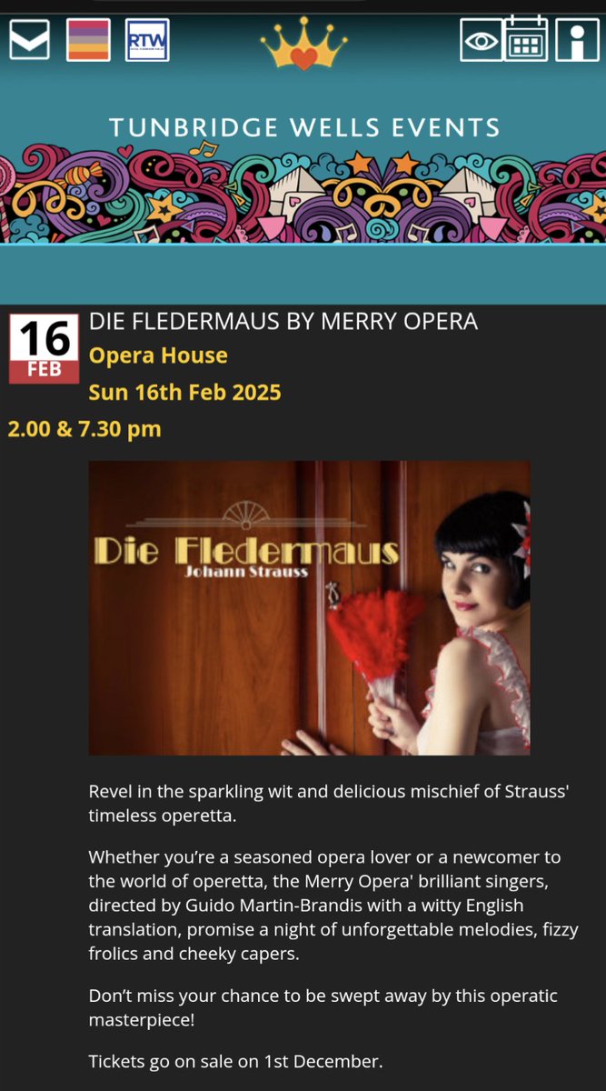 Tunbridge Wells Events π (@tw_events) on Twitter photo Opera at the Opera House with <a href="/MerryOpera/">The Merry Opera Company</a>
It's always popular.
But you'll need to diary this one as tickets don't go on sale until 1st December!
You'd be batty to miss it! Opera at the Opera House with <a href="/MerryOpera/">The Merry Opera Company</a>
It's always popular.
But you'll need to diary this one as tickets don't go on sale until 1st December!
You'd be batty to miss it!