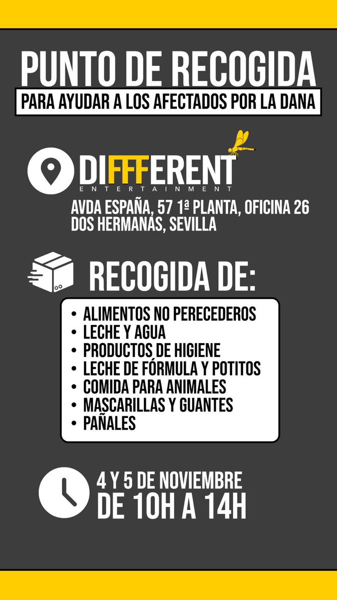 Antonio Velázquez (@a__velazquez) on Twitter photo Desde <a href="/DiffferentSL/">Diffferent Entertainment SL</a> nos sumamos para reunir ayuda para los afectados por la Dana. Este lunes y martes en nuestra oficina en Dos Hermanas. Comparte si puedes 🙏🏼 Desde <a href="/DiffferentSL/">Diffferent Entertainment SL</a> nos sumamos para reunir ayuda para los afectados por la Dana. Este lunes y martes en nuestra oficina en Dos Hermanas. Comparte si puedes 🙏🏼