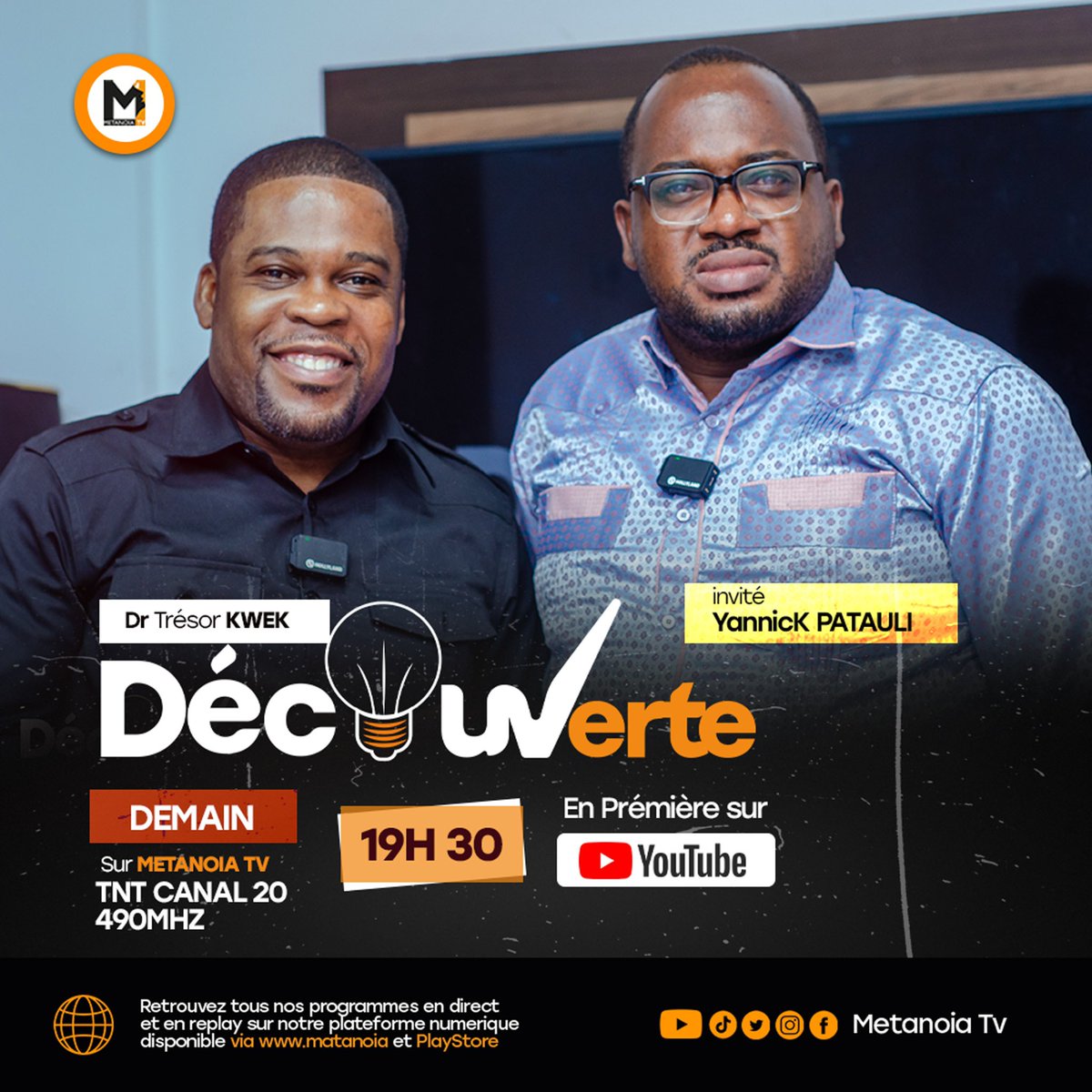 MetanoiaTv1's tweet photo. Waouhhh ! Quelle  Découverte avec Yannick Patauli !!

De partout où vous êtes à travers le monde, vous pouvez suivre cet épisode sur : 

- TNT Congo : Canal 20 (490 Mhz)

- YouTube : Metanoia TV 

- Web TV : https://t.co/vpaZaapTPW 

- App Mobile : LimexWord, TFN, BleuOTT https://t.co/hg1A1KAa0r