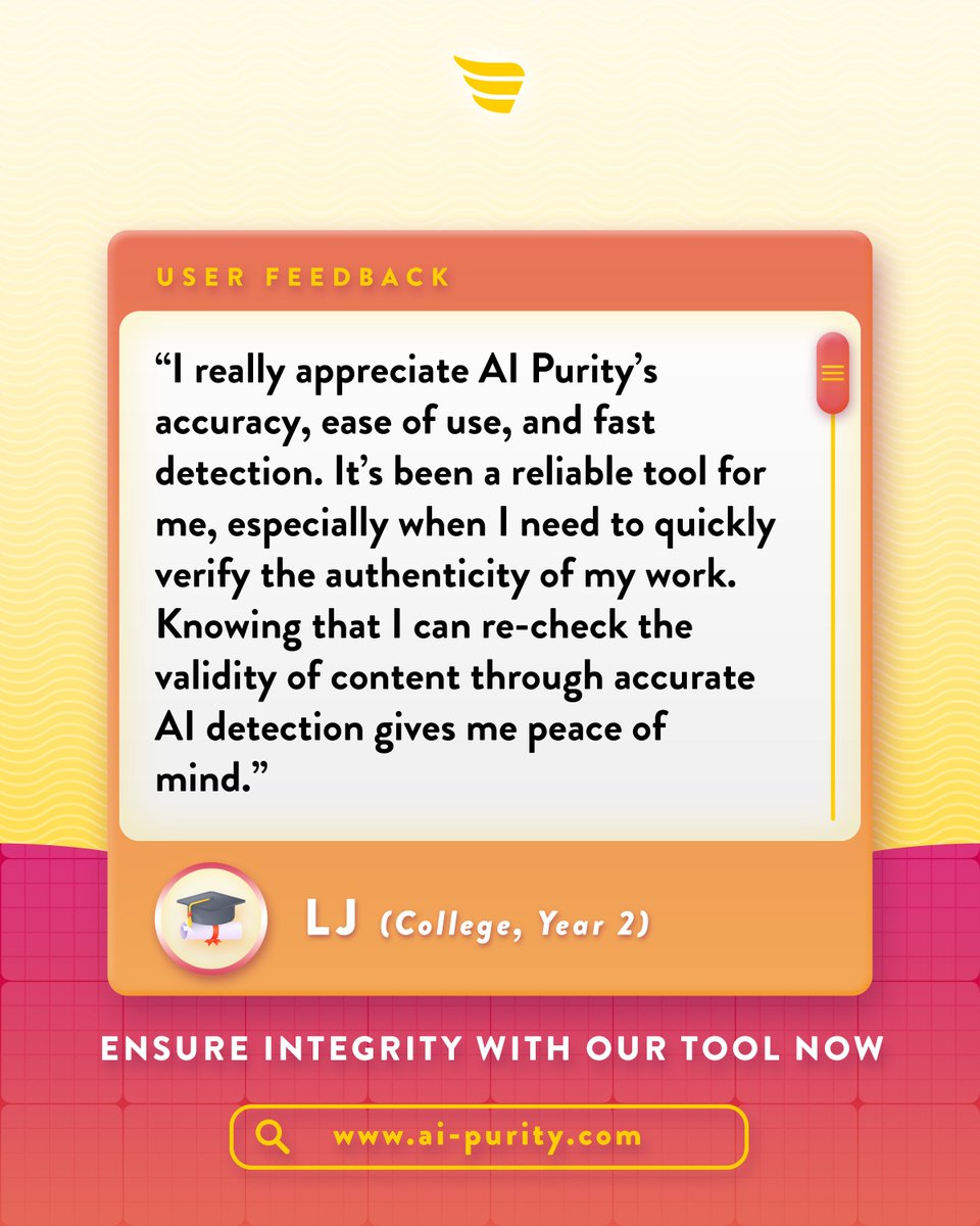 AI_Purity's tweet photo. For LJ, a second year college student, the accuracy, ease of use, and fast detection of AI Purity have been a game-changer. 🙌

Whether it’s checking the authenticity of their work or ensuring content validity, AI Purity gives students peace of mind. 😌

Test out our tool now! 🔍 https://t.co/tXrpagaYzB
