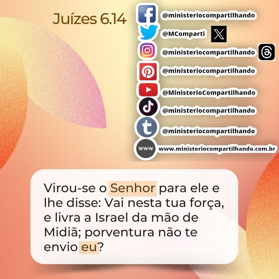 caco_borba's tweet photo. 02/11 - Olá! Graça, Paz e Alegria! Bom dia! Ótimo sábado!
Juízes 6.14
Virou-se o Senhor para ele e lhe disse: Vai nesta tua força, e livra a Israel da mão de Midiã; porventura não te envio eu?
#deusconosco #bomdiacomdeus #juizes #sabadoabençoado #cristão #esperança #palavradedeus https://t.co/8GHsrt45DB
