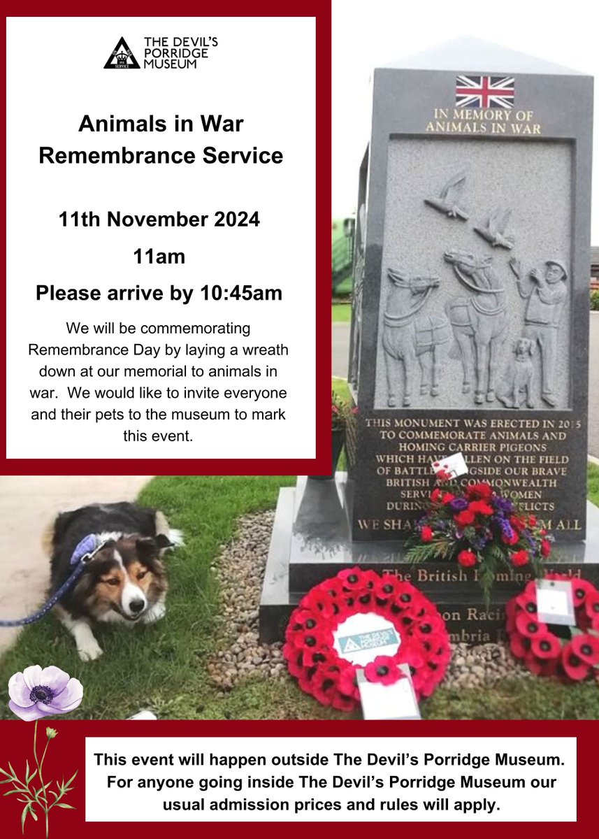We will be commemorating Remembrance Day by laying a wreath down at our memorial to animals in war.  We would like to invite everyone &amp; their pets to the museum on Armistice Day, Monday 11th November to mark this event.

Learn more: devilsporridge.org.uk/animals-in-war…