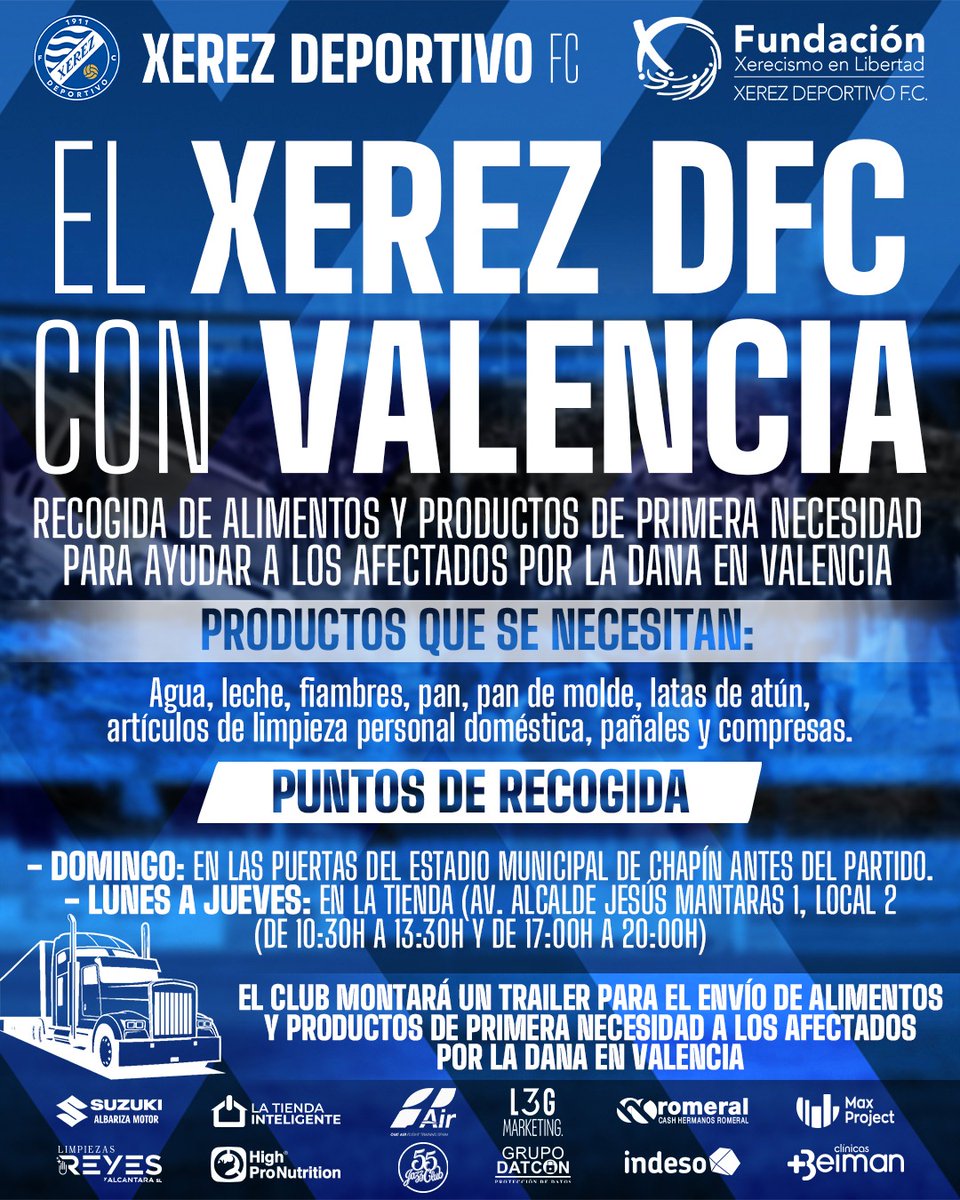 🆘💙 𝐄𝐥 𝐗𝐞𝐫𝐞𝐳 𝐃𝐞𝐩𝐨𝐫𝐭𝐢𝐯𝐨 𝐅𝐂 𝐜𝐨𝐧 𝐕𝐚𝐥𝐞𝐧𝐜𝐢𝐚

El Club enviará el próximo viernes un tráiler con alimentos y productos de primera necesidad para los afectados por la DANA

📦 Puntos de recogida:

🔹 Domingo: Puertas de acceso a Chapín
🔹 Lunes a jueves en
