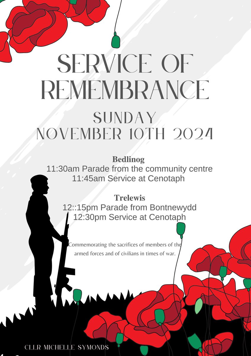 Service of Remembrance 
Sunday 10th November 

Road closures will be in place at Bedlinog and Trelewis. Official notices will follow this week.