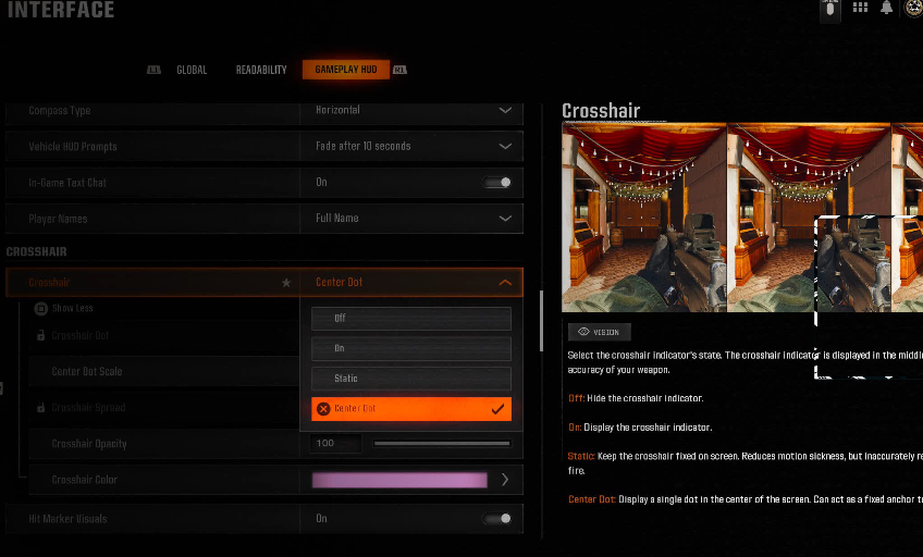 🚨 BETTER COLORS &amp; CROSSHAIR ON #BO6 #BlackOps6

Under Interface Settings Change Color Customization On Readability Tab 

Under Gameplay HUD Change Crosshairs To Either STATIC or CENTER DOT 

BOTH THESE SETTINGS ARE 🔥 EDITIONS TO Black ops 6