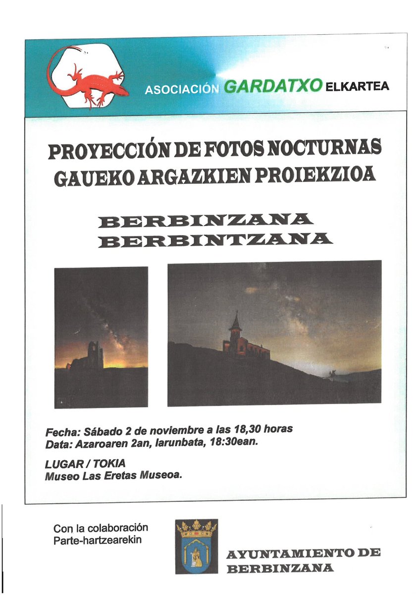 EXPOSICIÓN FOTOGRAFIAS EN LA SALA DEL MUSEO
Gardatxo común asociación tiene como finalidad fotografiar y catalogar la biodiversidad en el término de Larraga y su entorno.Hoy nos presentan en el Museo de las Eretas, día 2 de noviembre a las 18:30 su último trabajo divulgativo.