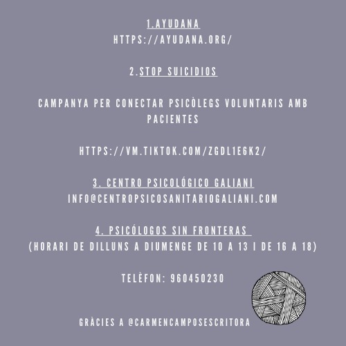 Ací teniu un recull d'algunes xarxes que han oferit ASSISTÈNCIA PSICOLÒGICA per aquests dies :