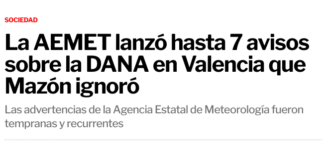 17jordani's tweet photo. LA AGENCIA ESTATAL DE METEOROLOGÍA (AEMET) LLEGÓ A DAR HASTA 7 AVISOS DISTINTOS SOBRE EL FUERTE TEMPORAL QUE SE AVECINABA SOBRE VALENCIA, PERO FUERON IGNORADOS POR EL GOBIERNO AUTONÓMICO DE MAZÓN, QUE NO MANDÓ SU ALERTA METEOROLOGÍA HASTA LAS 20:03 HORAS
#dana 
#Paiporta
Dimite https://t.co/YcvnVaOsfb