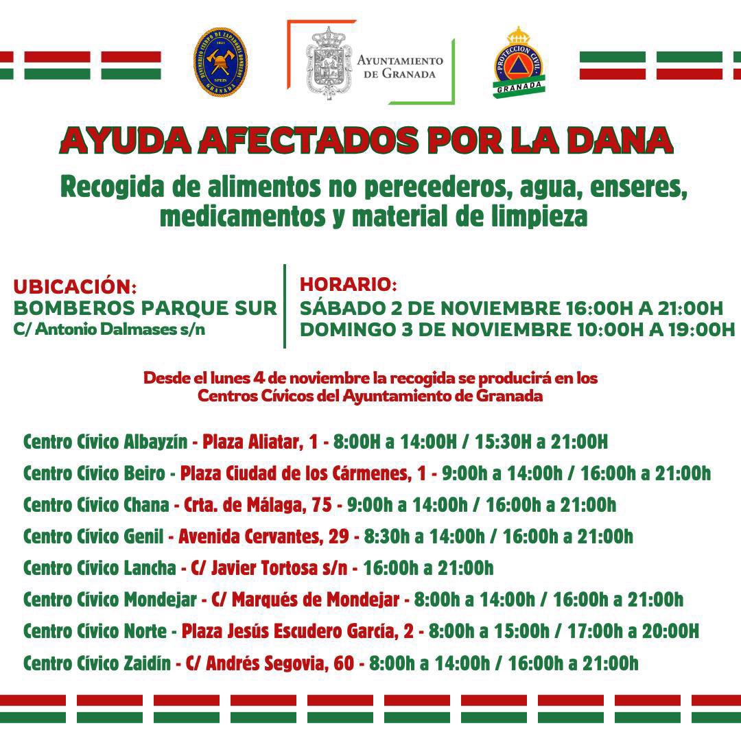 Espacios para recogida de ayuda para los afectados por la #DANA:

📍Durante este fin de semana - Parque Sur <a href="/BomberosGranada/">Bomberos Granada</a> 

📍Desde el lunes 4 de noviembre - Centros Cívicos de los barrios

Agradecemos a todos los granadinos la participación y solidaridad que están mostrando.