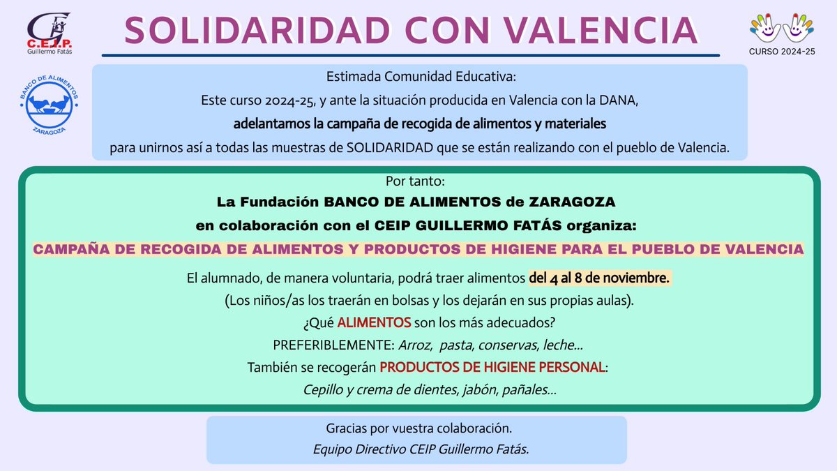 Solidaridad con Valencia desde el cole <a href="/CeipFatas/">CEIP Guillermo Fatás</a> .
#Siempresepuedeayudar