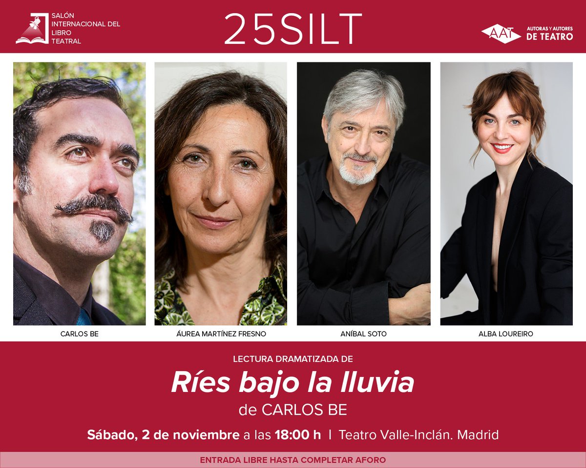 alba__loureiro's tweet photo. 📣 Hoy a las 18h estaré en el @centrodramatico participando en las lecturas dramatizadas del SALÓN INTERNACIONAL DEL LIBRO TEATRAL.

Aníbal Soto y yo nos encargamos de un texto precioso de Carlos Be, "Ríes bajo la lluvia", bajo la dirección de Aurea Martínez Fresno.
#25SILT https://t.co/L18a2zPsUE