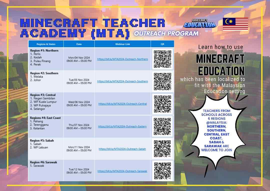 Assalamualaikum and greetings. 🇲🇾

The Minecraft Teacher Academy (MTA) Outreach program will take place from 4 to 12 November 2024.  

**Please click the link below to register👇👇👇
forms.office.com/r/Fdx33j9f3u

#MinecraftEdu #MIEExpert