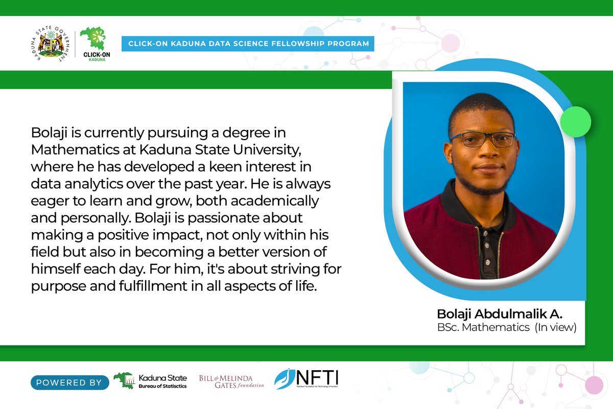 ClickOnKaduna's tweet image. We’re thrilled to kick off the fourth year of our #MeetOurFellow series! It&apos;s been an incredible journey so far.
Meet Bolaji, a passionate data analyst committed to continuous self-improvement and making an impact in his field.
#ClickOnKadunaDSFP #DataScience
