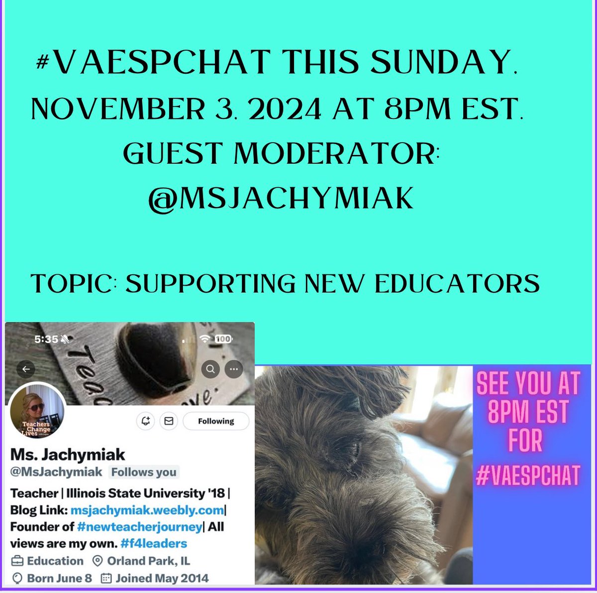 #VAESPchat this Sun. Nov. 3 at 8pmEST. Guest: <a href="/MsJachymiak/">Ms. Jachymiak</a> Topic: Supporting New Educators. <a href="/MrRichLam/">Richard Lam</a> <a href="/MrDawsonL/">Mr. Liam Dawson</a> <a href="/stevenlin83/">Steven Lin</a> <a href="/MarieLemmon/">Marie Lemmon</a> @LIBPrincipal <a href="/nickiatquest/">Nicki Slaugh</a> <a href="/TechNinjaTodd/">Todd Nesloney</a> <a href="/drorzel/">Dr. Courtney Orzel</a> <a href="/mrscarlyott/">Carly Ott</a> <a href="/DrZissios/">Patricia Zissios</a> <a href="/PrincipalJQuinn/">John Quinn</a> <a href="/DrRussQ/">Dr. Russell Quaglia</a> <a href="/Ms_Quattlebaum/">Debbie Quattlebaum</a> <a href="/timlriley/">Tim Riley</a> @RitaWirtz