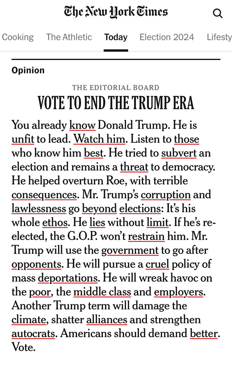 katiekings's tweet image. It’s time to vote. Donald Trump is a threat to democracy — a case that the New York Times editorial board has made repeatedly. Here’s why, in 110 words. nytimes.com/interactive/20…