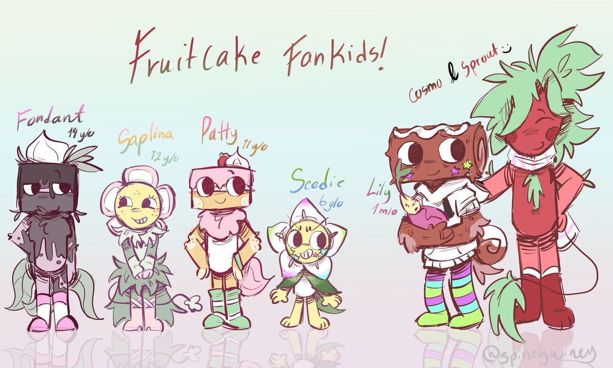 MORE FANKIDS! Specifically, fruitcake fankids! 

Patty and Seedie designed by me,
Fondant, Saplina and Lily designed by <a href="/Asstralizing/">Astral</a> 

#Dandysworld
#dandysworldart
#DandysWorldOc 
#fruitcake