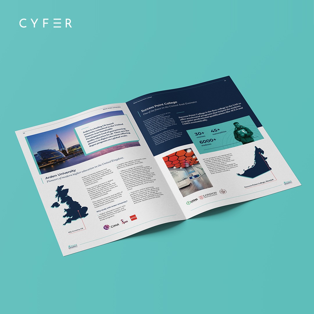 cyfersolutions's tweet photo. In a recent project, we crafted a brochure for Arden University's collaboration in the UAE, showcasing accredited programs and career-focused paths. Each page reflects a commitment to guiding students toward a bright future.

#CYFER #ArdenUniversity #BrochureDesign #Branding https://t.co/1WlX9WHl4X