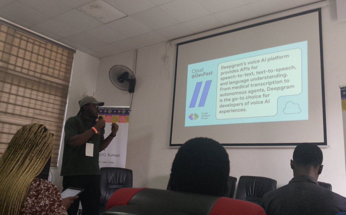 farad_jr's tweet photo. Live at #devfestKumasi2024 
Already enjoying a genkit deepgram presentation from @_iamEtornam 🥂 https://t.co/FDqbanhH4r