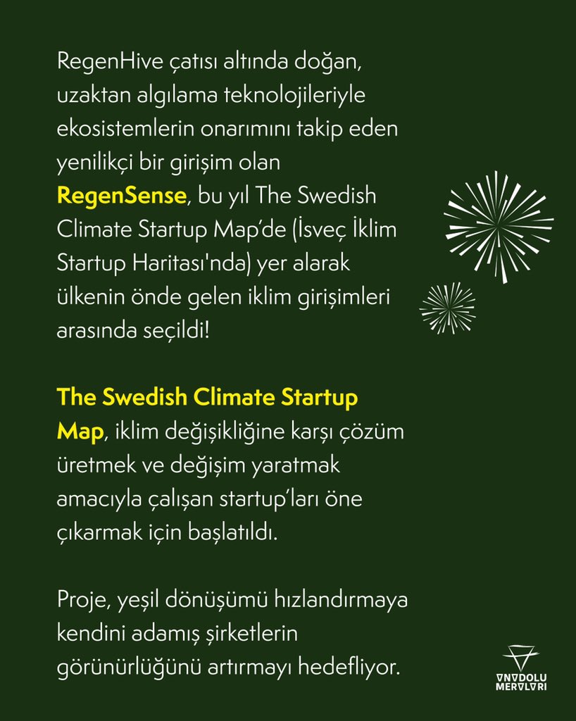 AnadoluMeralari's tweet photo. Uzaktan algılama teknolojileriyle ekosistem onarımını takip eden, RegenHive çatısı altında doğmuş inovatif girişim @RegenSense İsveç’in İklim Çözümleri Haritası’nda!🛰🌿 https://t.co/W55YV3dZG7