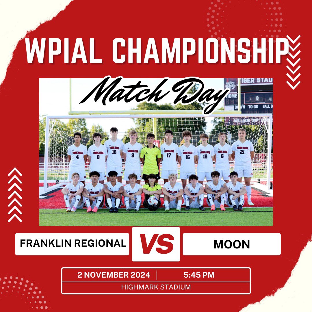 It’s GAMEDAY!!! Come support the boys as we play Franklin Regional for the WPIAL Championship. 5:45 kickoff at Highmark Stadium! #mahs #COYT <a href="/MoonTigersAD/">Moon Area Tigers</a> <a href="/pghsoccernow/">Pittsburgh Soccer Now</a> <a href="/timesscores/">The Times Sports</a> <a href="/EthanMorrison26/">Ethan Morrison</a>