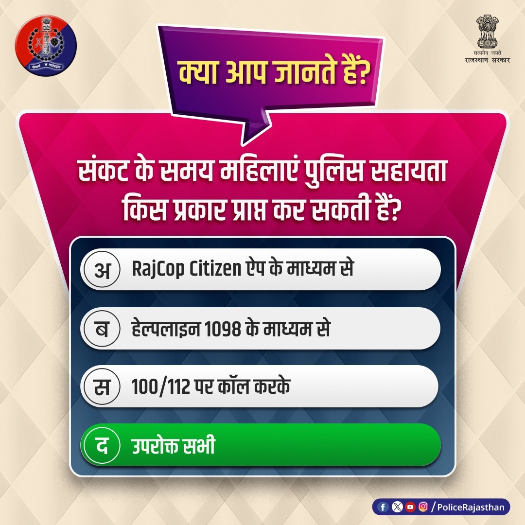 #Poll में भाग लेने वाले जागरूक प्रदेशवासियों का आभार।

सही जवाब है:-

D. उपरोक्त सभी

संकट के समय महिलाएं RajCop Citizen ऐप या हेल्पलाइन 1098 या 100/112 पर कॉल करके, सभी माध्यमों से राजस्थान पुलिस से संपर्क कर सकती हैं। 

#RajasthanPolice
#PolicePoll
