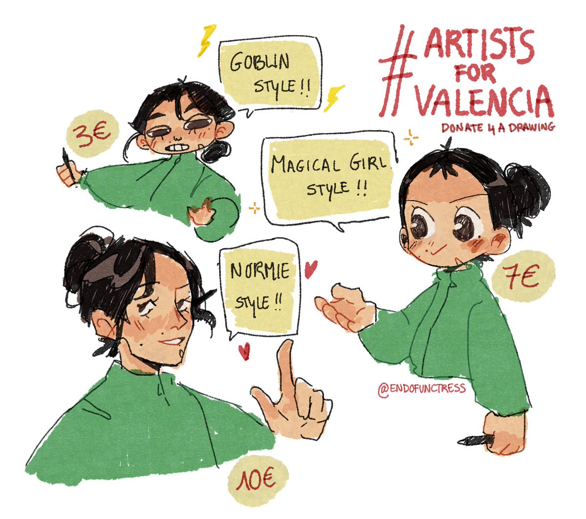 joining #ArtistsForValencia !!!
i’ll sketch anything you want for a minimum donation (see the pic) to any GoFundMe links listed below. just dm me/reply with a screenshot of the donation receipt + references to get yours!!!