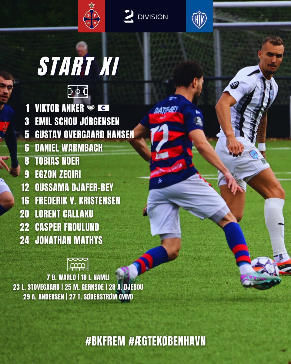 𝙎𝙏𝘼𝙍𝙏 𝙓𝙄

Dagens startopstilling mod HIK 💪

Kom så FREM 🔴🔵

#bkfrem #ægtekøbenhavn #2div #FREHIK