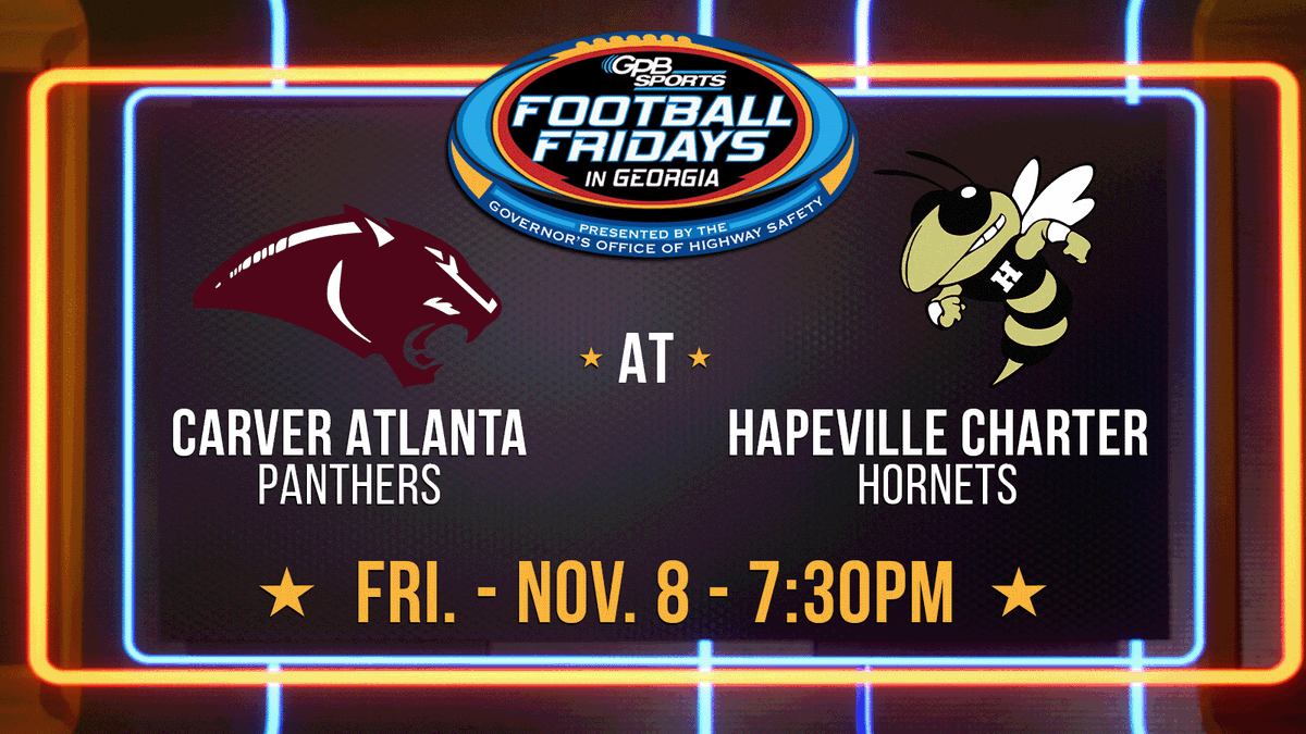 GPB Sports (@gpbsports) on Twitter photo We wrap up our 2024 Football Fridays in Georgia regular season coverage with the <a href="/NSC_Football/">Carver-Atlanta FB</a> vs. <a href="/HCCA_Athletics/">Hapeville Hornets</a> matchup on Friday, November 8th 🏈
Coverage starts at 7:30 p.m.
Game details: bit.ly/3UoqHR5 | #GPBSports We wrap up our 2024 Football Fridays in Georgia regular season coverage with the <a href="/NSC_Football/">Carver-Atlanta FB</a> vs. <a href="/HCCA_Athletics/">Hapeville Hornets</a> matchup on Friday, November 8th 🏈
Coverage starts at 7:30 p.m.
Game details: bit.ly/3UoqHR5 | #GPBSports