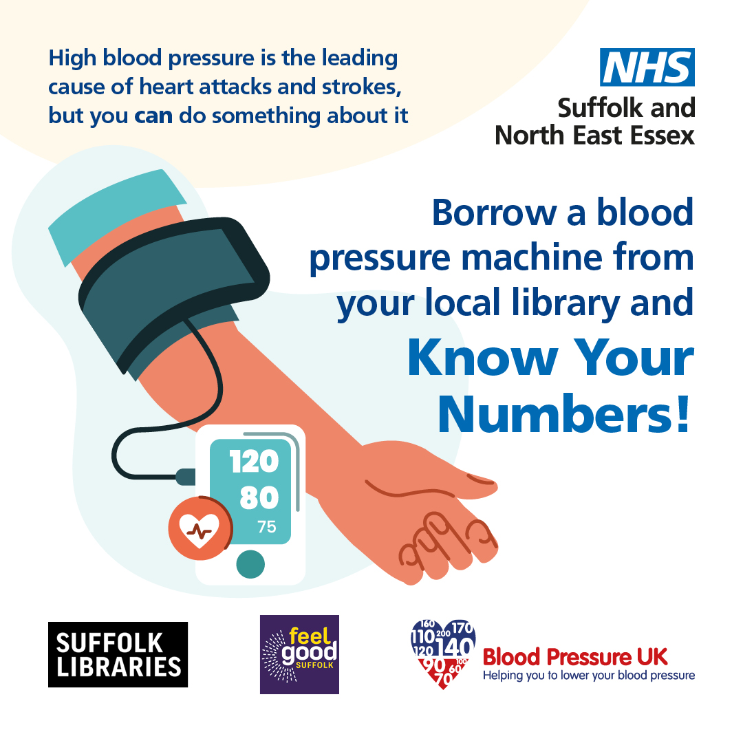You can now borrow a free blood pressure testing machine from your local library in Suffolk. High blood pressure is a silent killer and many people don’t know they’ve got it until they have a heart attack or stroke. Full instructions and advice are supplied. 

@SuffolkLibrary
