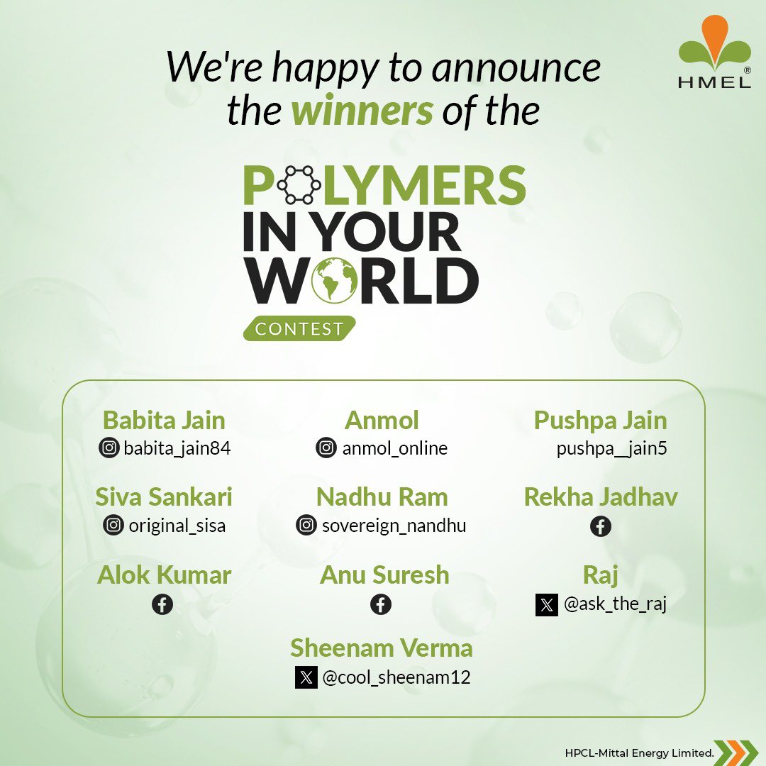 HMEL_India's tweet photo. We're thrilled to announce the winners of our Polymer contest! Their innovative ideas are shaping the future of polymers. Join us in congratulating these brilliant and innovative minds.
#PolymersInYourWorld #PolymerPower #EngineeringInnovation #FutureOfMaterials #Innovation #Sustainability #TechTrends #EnergisingABrighterTomorrow #HMEL