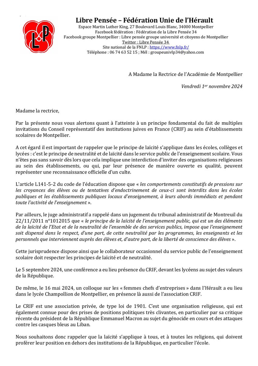 LibreGroupe's tweet photo. Rappel des principes fondamentaux 
La laïcité c’est : les religions en dehors de l’école 
C’est aux enseignants d’enseigner pas à des religions
L’école n’est pas une tribune 
Et cela s’applique à tout le monde 
Lettre à madame la Rectrice de Montpellier 
👇👇👇 https://t.co/LCMWVSPfY1