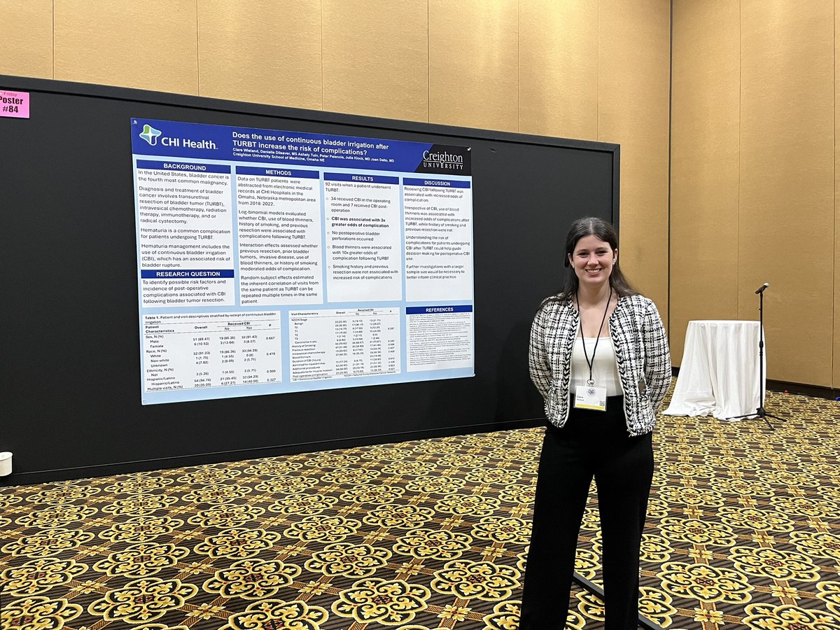 Clare Weiland, MS3, presented her research on complications of CBI use after TURBT for bladder tumors at the South Central Section AUA in Colorado Springs. 
▫️No bladder perforations seen!
▫️Higher complication rate associated with anticoagulation use.

<a href="/CreightonSOM/">CreightonSOM</a> <a href="/CHIhealth/">CHI Health</a>