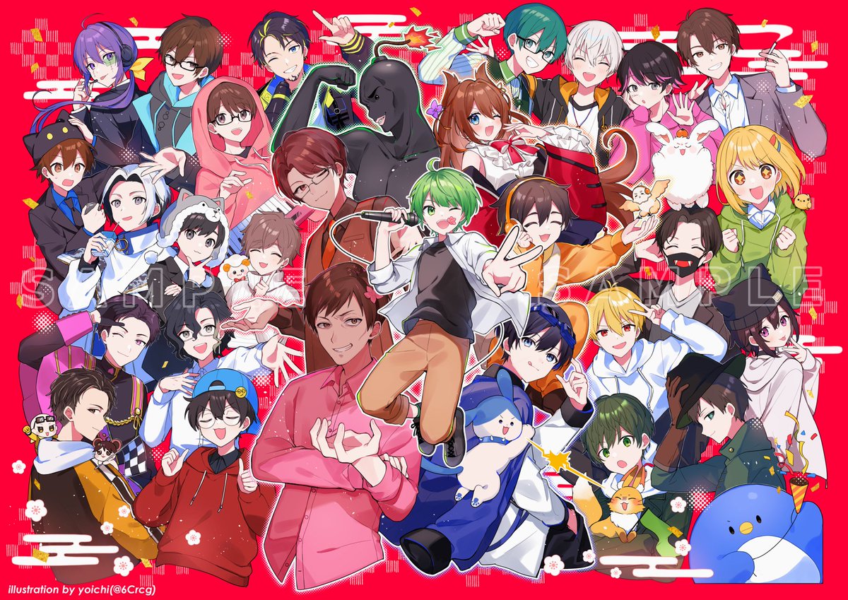 6Crcg's tweet photo. ゲーム実況者 カウントダウン2024-2025  〜みんなと一緒に年越し生ライブ〜　のメインイラストを担当させていただきました✨✨

みなさまの個性や関係性を大切に配置などこだわりました！💪楽しい年越しになりますように！🥳🌅
よろしくお願いします～！✨

#みんなまライブ2025 https://t.co/mjfzkacUff