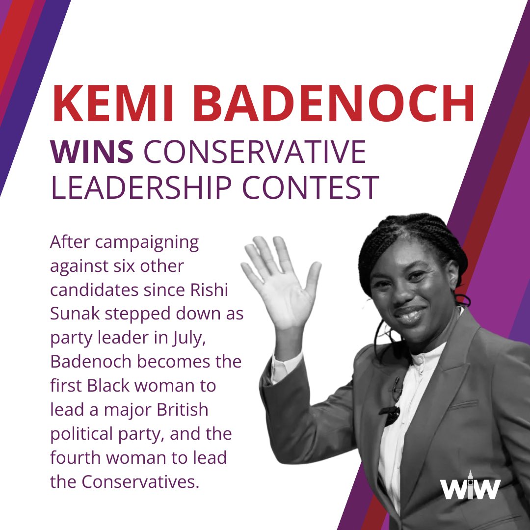 After a relatively close race in the Tory leadership election, the results are in- 53,806 votes for Kemi Badenoch and 41,388 votes for Robert Jenrick, making <a href="/KemiBadenoch/">Kemi Badenoch</a> the new leader of the Conservatives, and the fourth woman to lead the party. 

#womeninwestminster #wiw