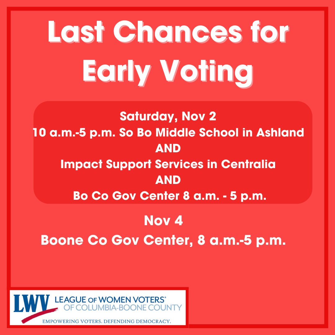 lwvcbc's tweet photo. Take advantage of these Early Voting options! Last days for early voting are Nov. 2 and 4. Take your photo ID. https://t.co/b7OJC1cc5x