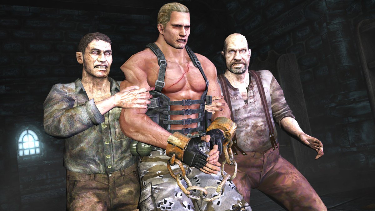 dtg220's tweet photo. As if being defeated by the Ganados wasn't enough of a humiliation, the muscular and highly trained Krauser is marched through Salazar's castle in a barely conscious state, bound in chains by his captors... What fate will befall him there? https://t.co/h20EA8jDxr