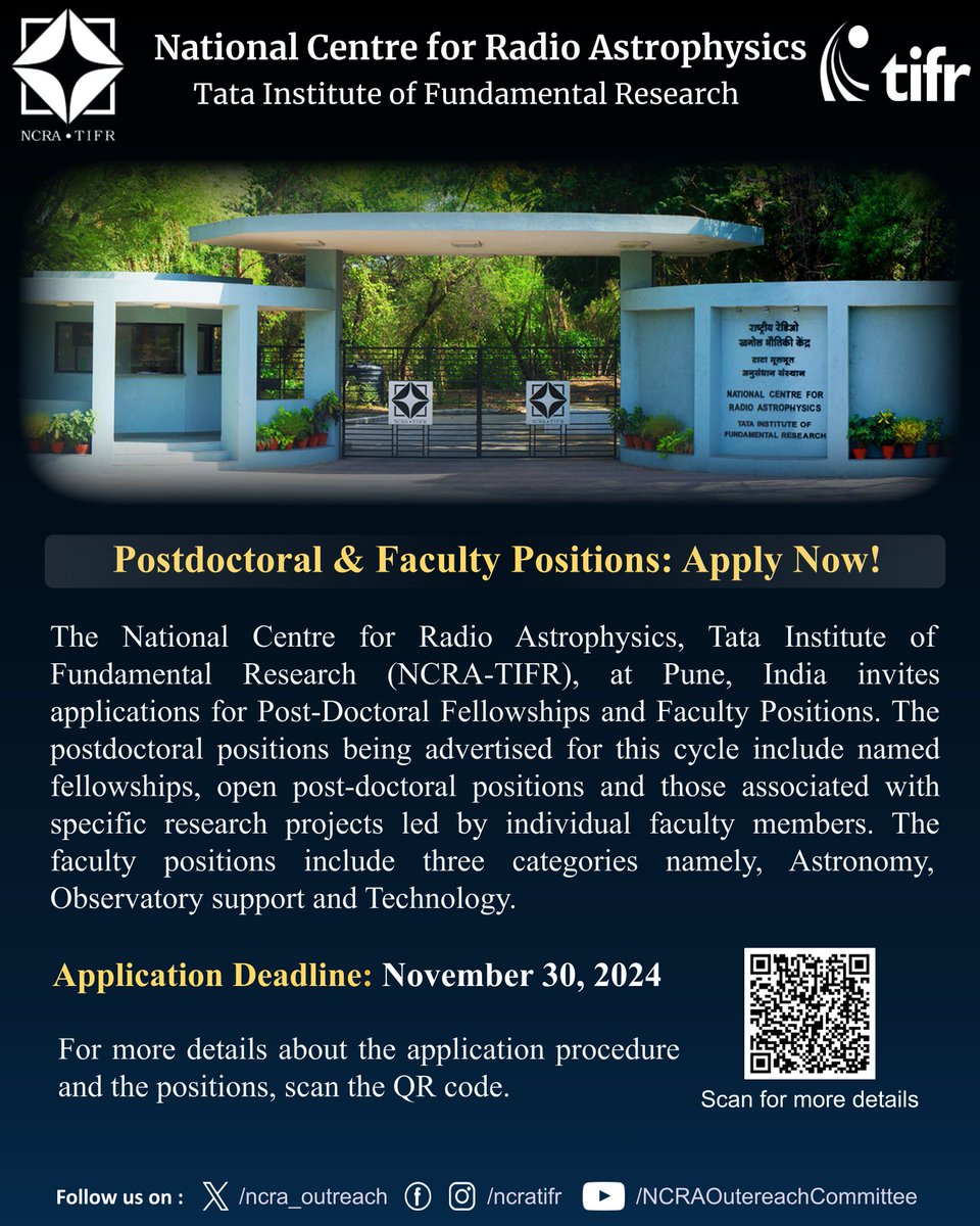 🔔 #NCRA-TIFR is hiring !

We are inviting applications for post-doctoral fellowships and faculty positions. 

More details about these positions can be found at ncra.tifr.res.in/ncra/opportuni… 

📅Application Deadline: November 30, 2024

#astronomy #postdoc #NCRA #TIFR #GMRT #faculty