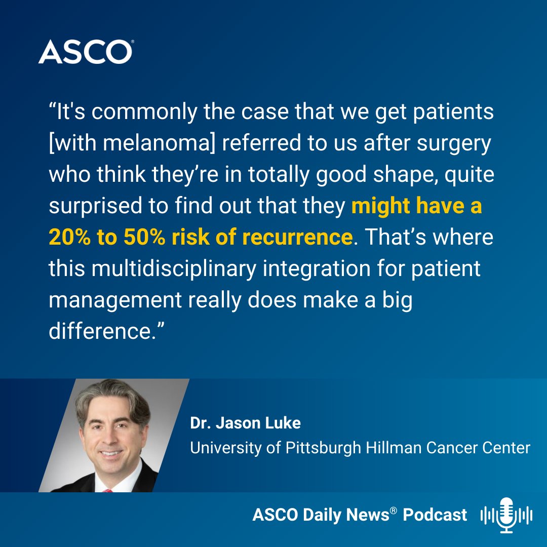 Jason Luke, MD, FACP (@jasonlukemd) on Twitter photo Enjoyed speaking <a href="/ASCO/">ASCO</a> #ASCODailynews on evolving #Melanoma treatments - Neoadj/adjuvant ICI, TILs, PRAME CD3 & TCRs - so much happening! Most important, organizing medical teams to optimize patient outcomes. Great to see rising star <a href="/RyanAugustinMD/">Ryan C. Augustin</a>!
dailynews.ascopubs.org/do/podcast-adv… Enjoyed speaking <a href="/ASCO/">ASCO</a> #ASCODailynews on evolving #Melanoma treatments - Neoadj/adjuvant ICI, TILs, PRAME CD3 & TCRs - so much happening! Most important, organizing medical teams to optimize patient outcomes. Great to see rising star <a href="/RyanAugustinMD/">Ryan C. Augustin</a>!
dailynews.ascopubs.org/do/podcast-adv…