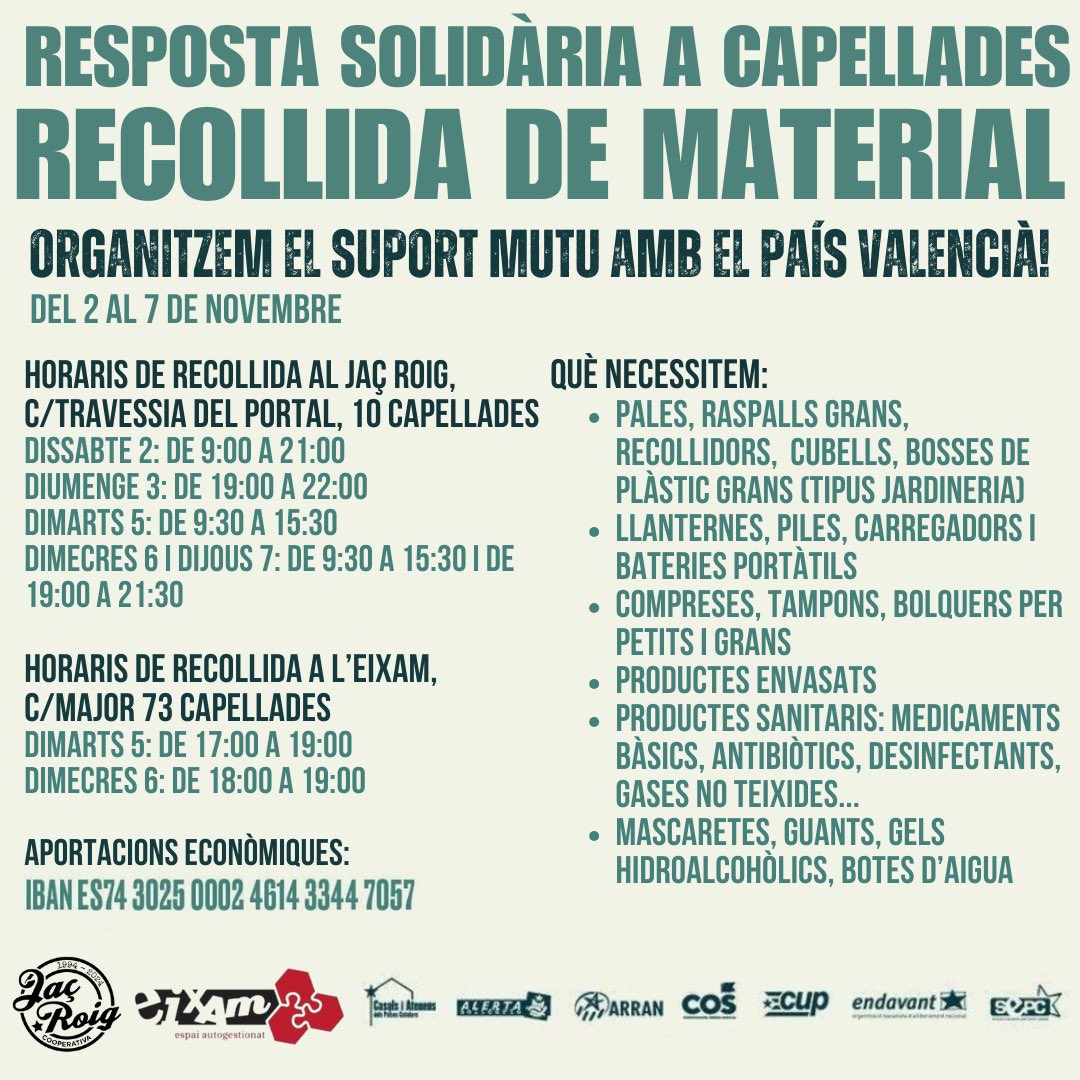 Organitzem el suport mutu amb el País Valencià!🫂❤️‍🩹

L'Eixam i el Jaç Roig, coordinats amb <a href="/SuportMutuDana/">Suport Mutu DANA València</a> i <a href="/CasalsiAteneus/">Casals i Ateneus</a>, habilitem dos PUNTS DE RECOLLIDA de material a Capellades:

📌 Eixam. C/ Major, 73.
📌 Jaç Roig. Travessia del Portal, 10.