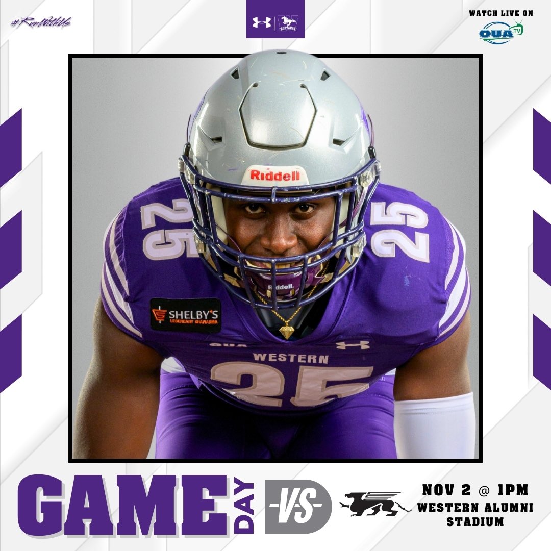 Western Mustangs (@westernmustangs) on Twitter photo 🏈 <a href="/westernuFB/">Western Mustangs Football</a> PLAYOFF GAMEDAY!!!
A spot in the 116th Yates Cup Final is on the line today in the <a href="/OUAsport/">Ontario University Athletics</a> Semi-Final.
🆚 Guelph
⏰ 1:00 PM
🎟 All tickets can be purchased at the box office.
🏟 <a href="/westernuAlumni/">Western Alumni</a> Stadium
💻 Stream LIVE on OUA.tv
📻 Listen LIVE 🏈 <a href="/westernuFB/">Western Mustangs Football</a> PLAYOFF GAMEDAY!!!
A spot in the 116th Yates Cup Final is on the line today in the <a href="/OUAsport/">Ontario University Athletics</a> Semi-Final.
🆚 Guelph
⏰ 1:00 PM
🎟 All tickets can be purchased at the box office.
🏟 <a href="/westernuAlumni/">Western Alumni</a> Stadium
💻 Stream LIVE on OUA.tv
📻 Listen LIVE