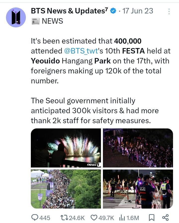 jkjmni7's tweet photo. 400k armys gathered in seoul to celebrate BTS 10th anniversary but you think BTS success isn’t trustworthy, loser behaviour 😭 https://t.co/elr6Y7h3Rp
